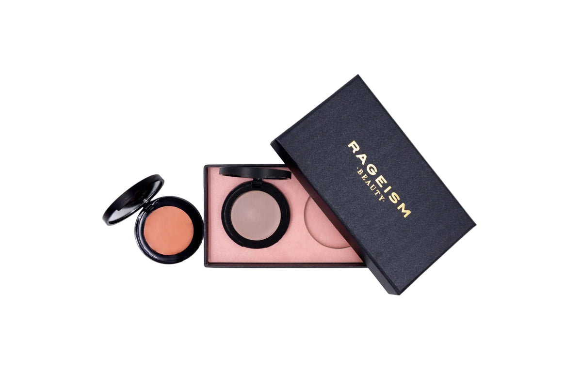 A RAGELEN BEAUTY makeup set on a clean white background, featuring a black textured box, an open square blush compact with two shades, and a separate round orange blush compact.