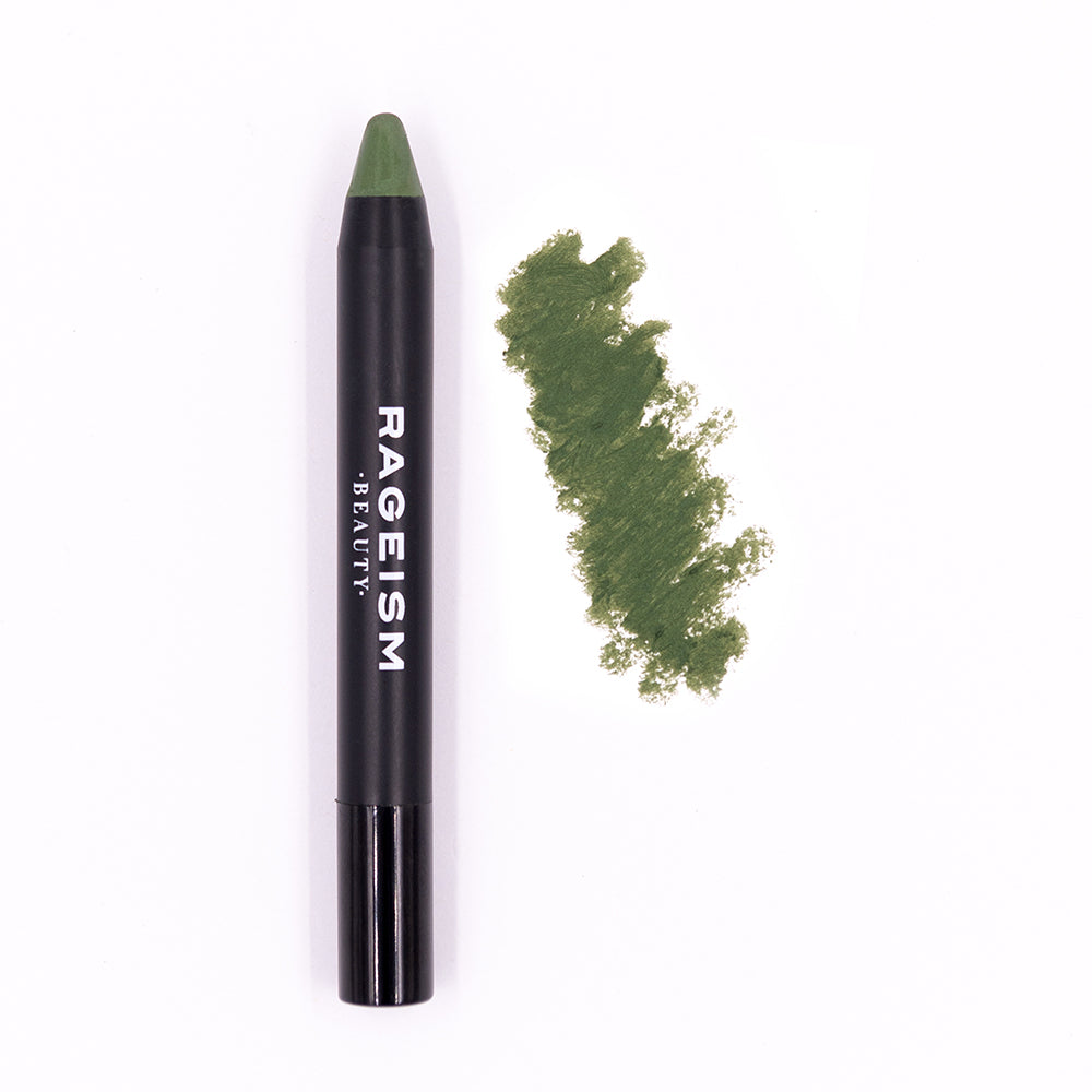 Green makeup pencil with shade sample on a white background, branded 'Rageism Beauty'.