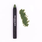 Green makeup pencil with shade sample on a white background, branded 'Rageism Beauty'.