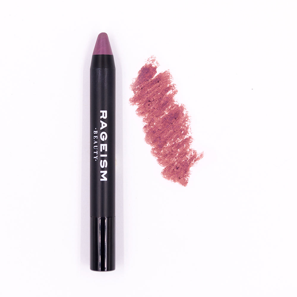 Lip crayon with pink shade and 'Rageism Beauty' branding on a white background
