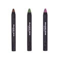 Three cosmetic pencils labeled 'RAEYISM', with the leftmost pencil in brown, the middle in green, and the rightmost in purple color.