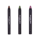 Three cosmetic pencils labeled 'RAEYISM', with the leftmost pencil in brown, the middle in green, and the rightmost in purple color.