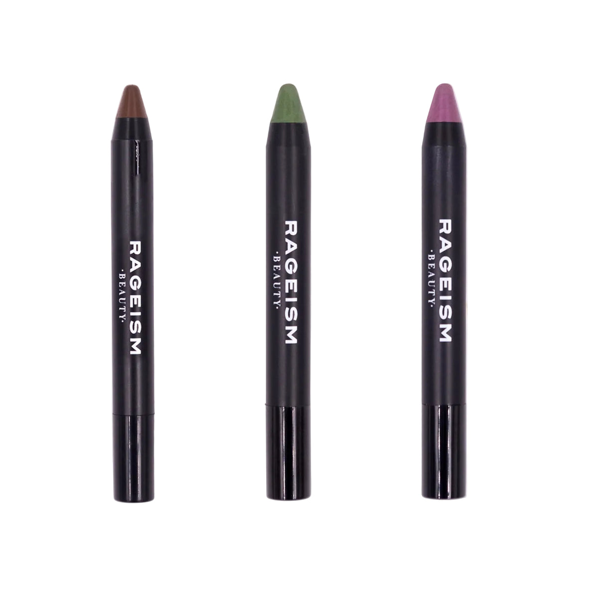 Three cosmetic pencils labeled 'RAEYISM', with the leftmost pencil in brown, the middle in green, and the rightmost in purple color.
