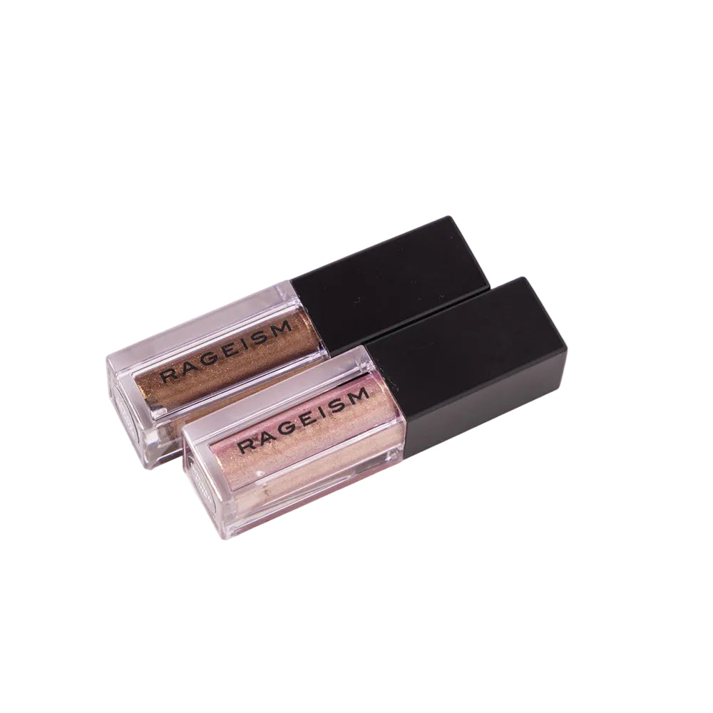 Two small rectangular containers of liquid eyeshadow with applicators, one with cap off showing the product.